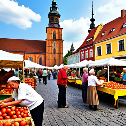 Home 11 **Image Prompt:** A vibrant farmers market in a Polish town square. Stalls overflow with fresh produce: ripe tomatoes, crisp apples, golden honey, and crusty bread. Local farmers in traditional clothing smile and interact with customers. In the background, colorful buildings and a historic church steeple add to the charm. The atmosphere is lively and inviting.