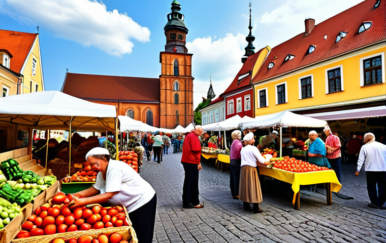 **Image Prompt:** A vibrant farmers market in a Polish town square. Stalls overflow with fresh produce: ripe tomatoes, crisp apples, golden honey, and crusty bread. Local farmers in traditional clothing smile and interact with customers. In the background, colorful buildings and a historic church steeple add to the charm. The atmosphere is lively and inviting.